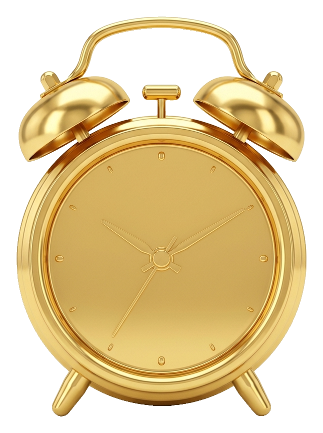 Shiny 3D render, gold metallic finish of an alarm clock icon, transparent background PNG