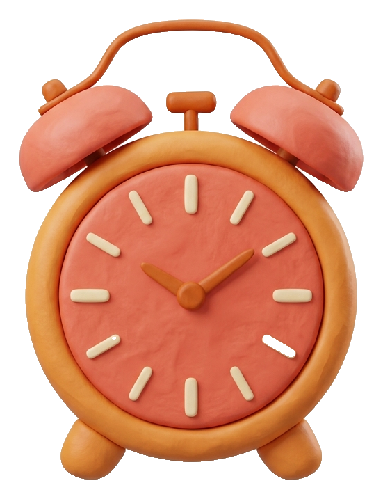 Clay 3D render, warm orange and coral tones of an alarm clock icon, transparent background PNG