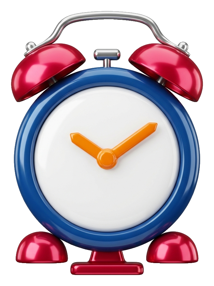 Glossy 3D render, vivid colors of an alarm clock icon, transparent background PNG