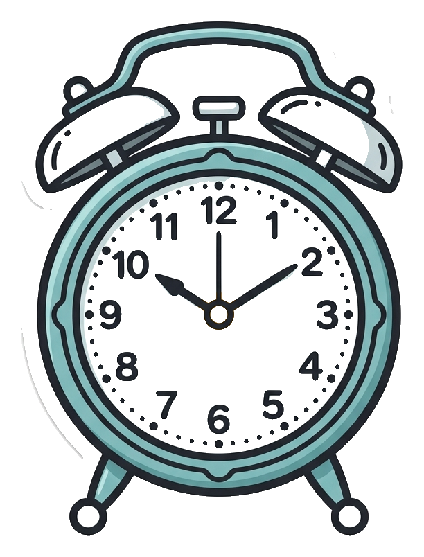 Cute sticker style with a thick dark outline of an alarm clock icon, transparent background PNG