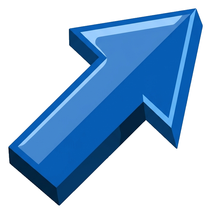 Flat vector icon, bold solid colors of a glossy three-dimensional arrow, transparent background PNG