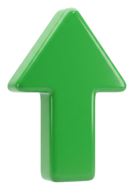 Soft 3D render, green, pointing up of a glossy three-dimensional arrow, transparent background PNG