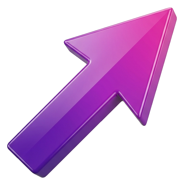Glossy 3D render, purple and pink gradient of a glossy three-dimensional arrow, transparent background PNG