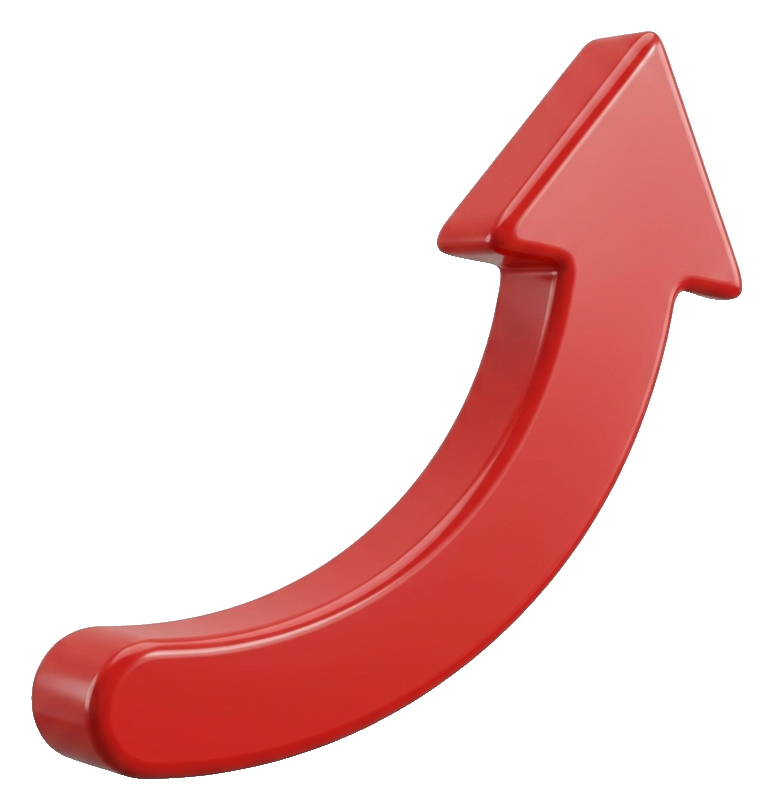 Soft 3D render, red, curved upward of a glossy three-dimensional arrow, transparent background PNG