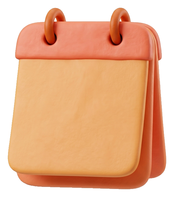 Clay 3D render, warm orange and coral tones of a calendar icon with blank pages, transparent background PNG