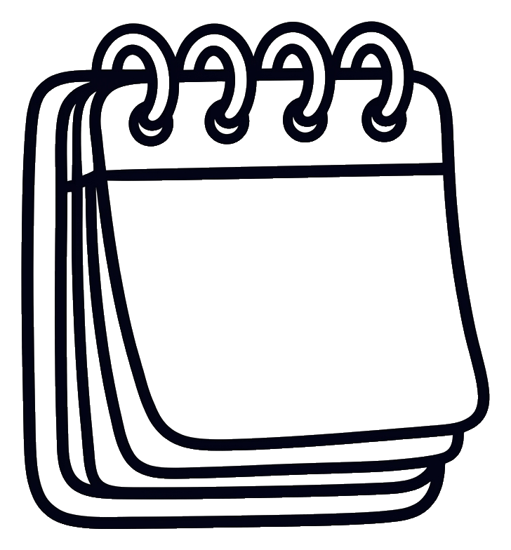 Cute sticker style with a thick dark outline of a calendar icon with blank pages, transparent background PNG