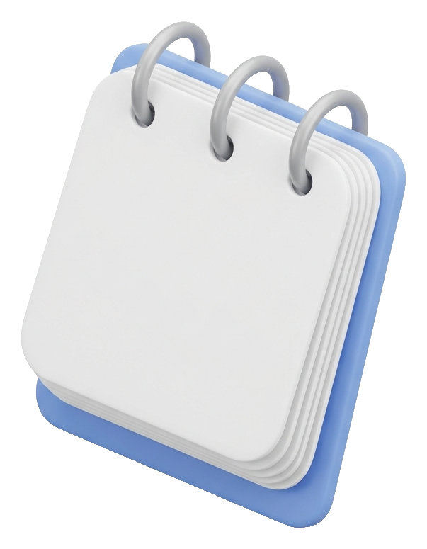 Soft 3D render, isometric view of a calendar icon with blank pages, transparent background PNG