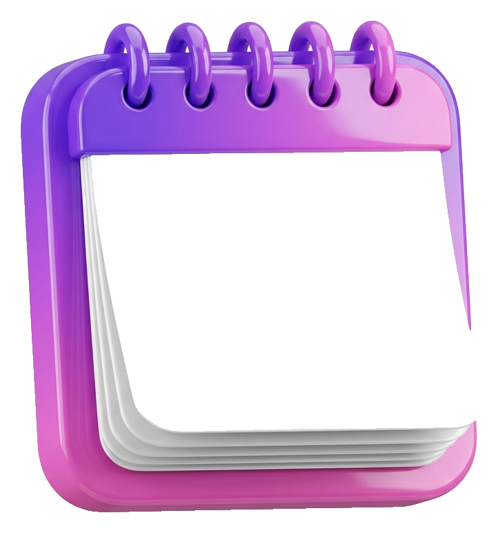 Glossy 3D render, purple and pink gradient of a calendar icon with blank pages, transparent background PNG