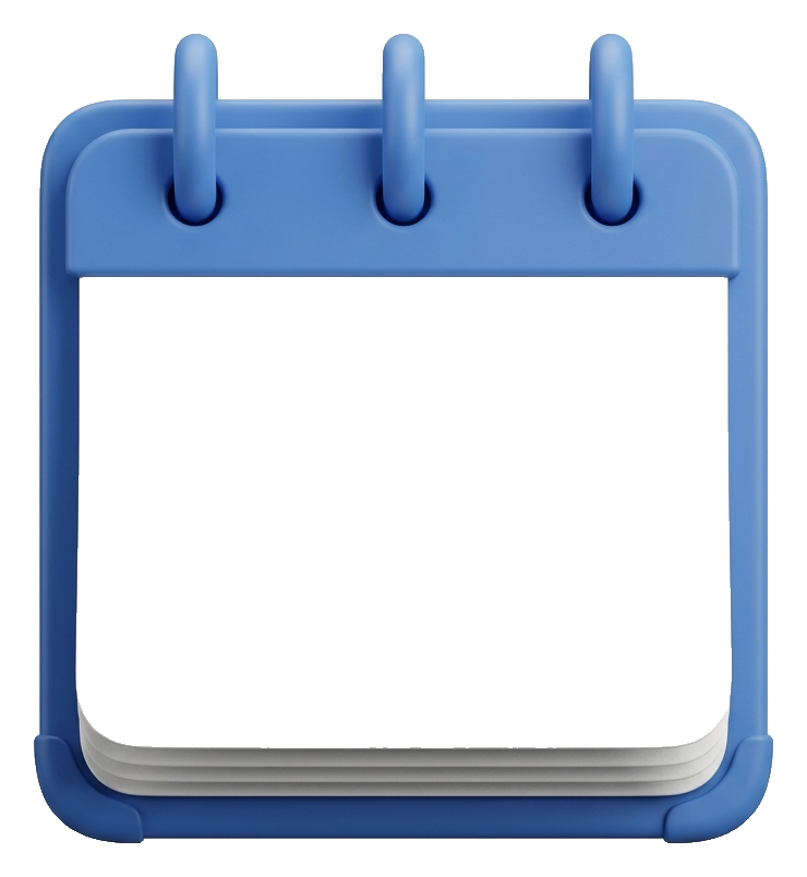 Matte 3D render, blue and white color scheme of a calendar icon with blank pages, transparent background PNG