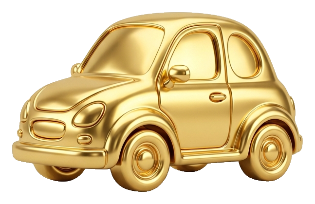 Shiny 3D render, gold metallic finish of a cute car icon, transparent background PNG