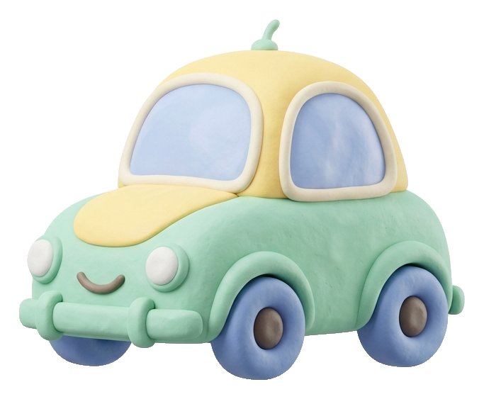 Clay 3D render, pastel colors of a cute car icon, transparent background PNG