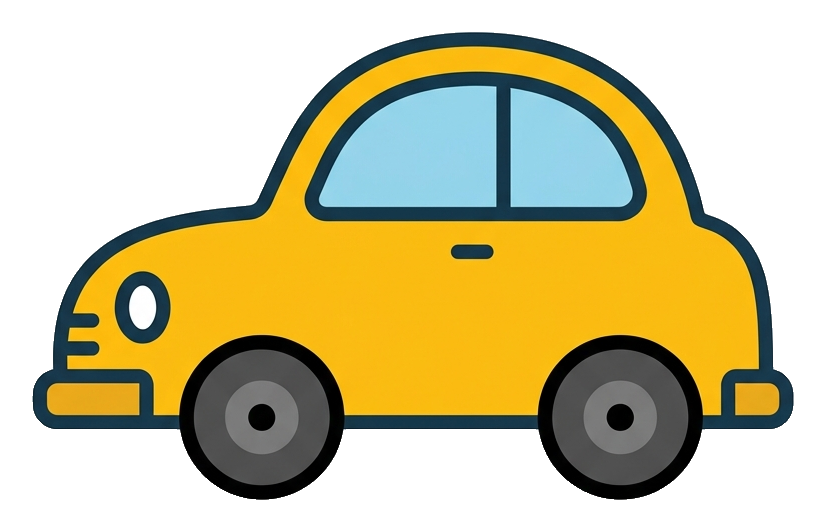 Flat vector icon, bold solid colors of a cute car icon, transparent background PNG