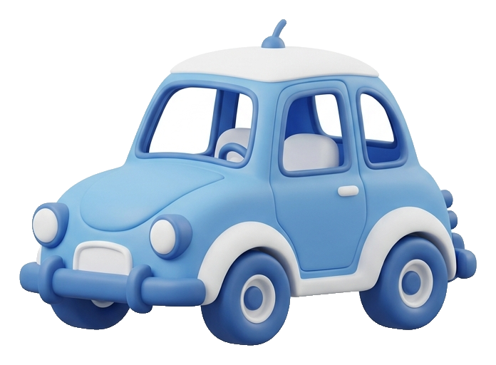Matte 3D render, blue and white color scheme of a cute car icon, transparent background PNG