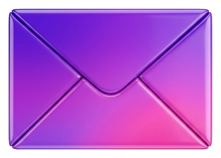 Glossy 3D render, purple and pink gradient of a mail envelope icon, transparent background PNG