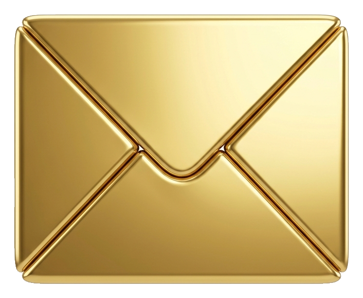 Shiny 3D render, gold metallic finish of a mail envelope icon, transparent background PNG