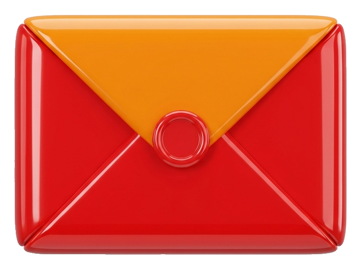 Glossy 3D render, vivid colors of a mail envelope icon, transparent background PNG