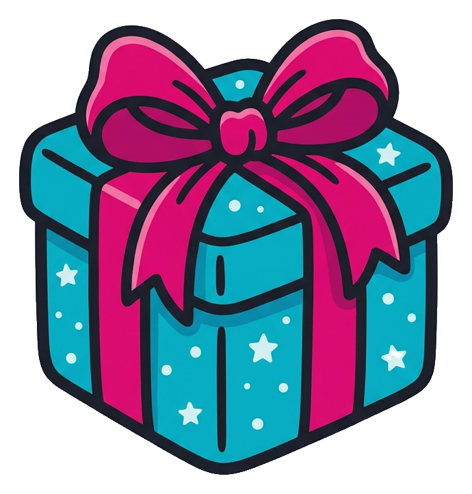 Cute sticker style with a thick dark outline of a gift box with a ribbon, transparent background PNG