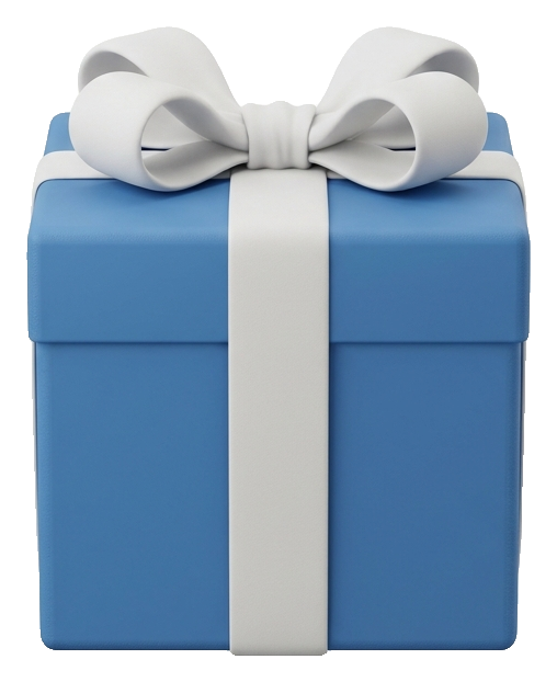 Matte 3D render, blue and white color scheme of a gift box with a ribbon, transparent background PNG