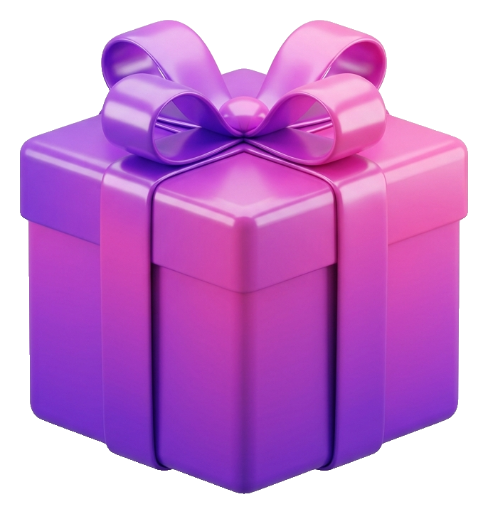 Glossy 3D render, purple and pink gradient of a gift box with a ribbon, transparent background PNG