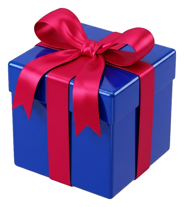 Glossy 3D render, vivid colors of a gift box with a ribbon, transparent background PNG