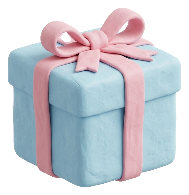 Clay 3D render, pastel colors of a gift box with a ribbon, transparent background PNG