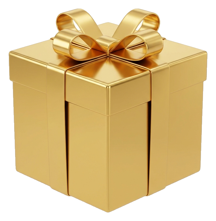 Shiny 3D render, gold metallic finish of a gift box with a ribbon, transparent background PNG