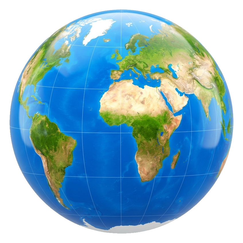 Glossy 3D render, vivid colors of a planet earth globe icon, transparent background PNG
