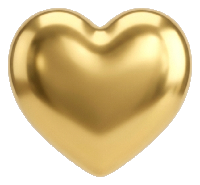 Shiny 3D render, gold metallic finish of a heart icon, transparent background PNG