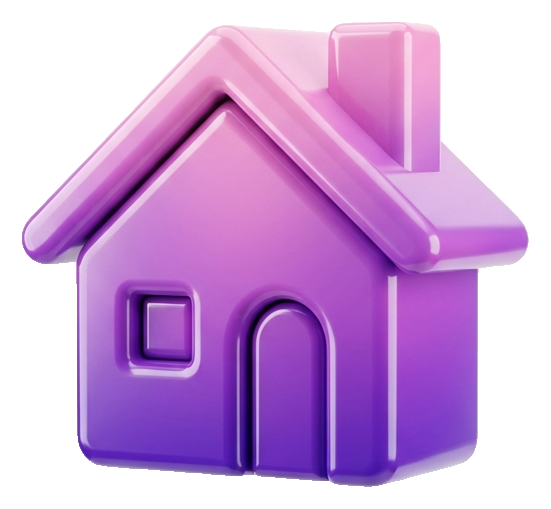 Glossy 3D render, purple and pink gradient of a small house icon, transparent background PNG
