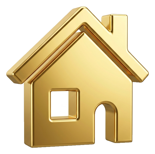 Shiny 3D render, gold metallic finish of a small house icon, transparent background PNG