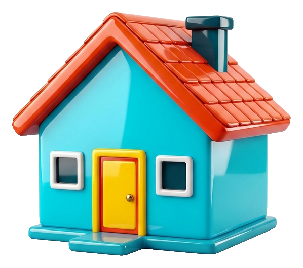 Glossy 3D render, vivid colors of a small house icon, transparent background PNG