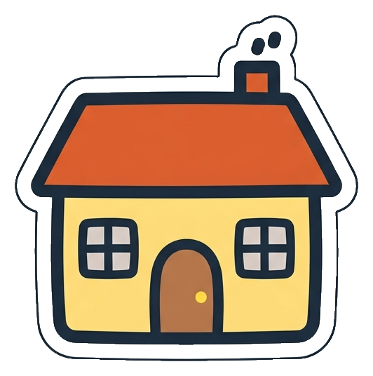 Cute sticker style with a thick dark outline of a small house icon, transparent background PNG
