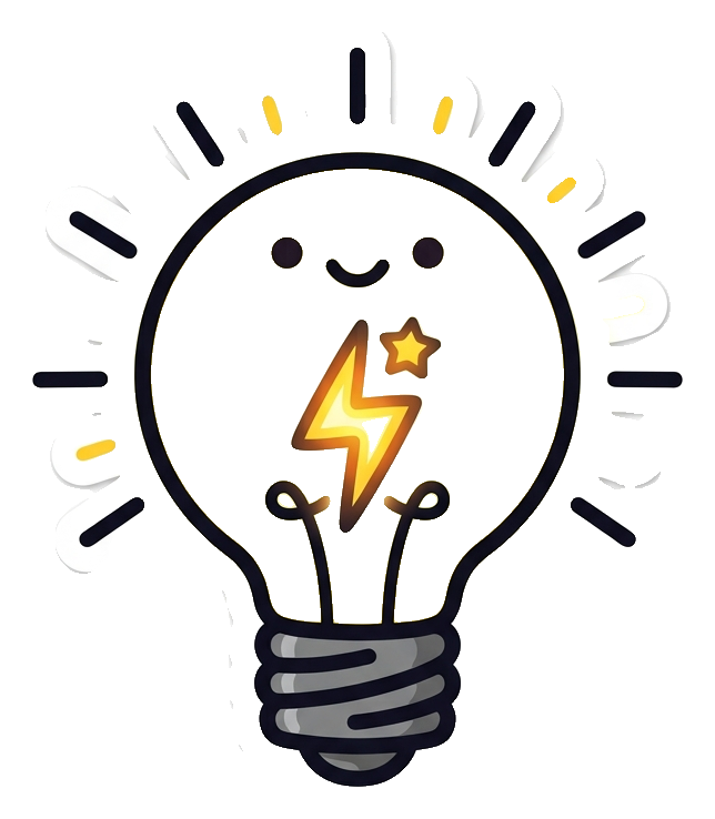 Cute sticker style with a thick dark outline of a glowing light bulb idea icon, transparent background PNG