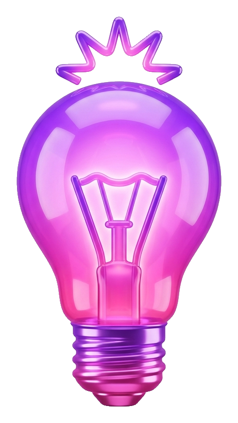 Glossy 3D render, purple and pink gradient of a glowing light bulb idea icon, transparent background PNG