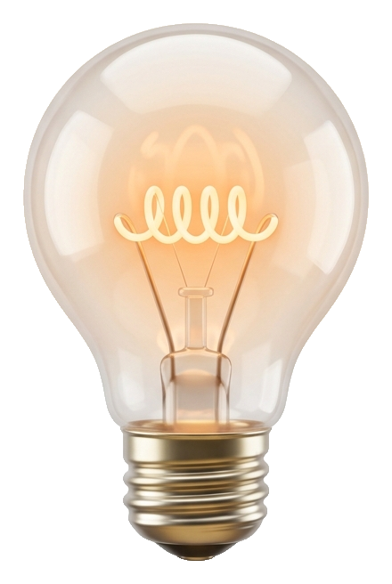 Soft 3D render, glossy of a glowing light bulb idea icon, transparent background PNG