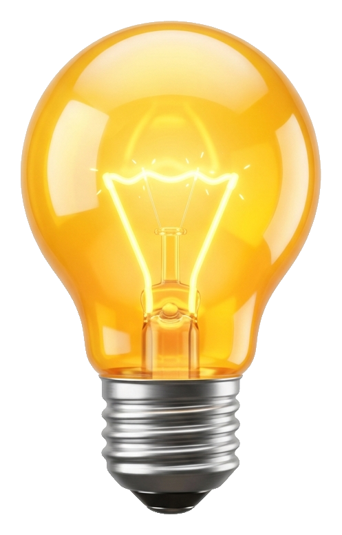 Glossy 3D render, vivid colors of a glowing light bulb idea icon, transparent background PNG
