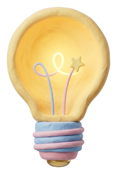 Clay 3D render, pastel colors of a glowing light bulb idea icon, transparent background PNG
