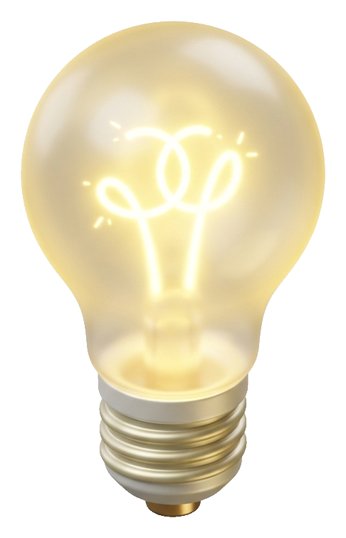Soft 3D render, isometric view of a glowing light bulb idea icon, transparent background PNG
