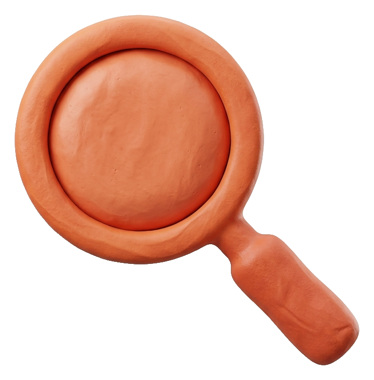 Clay 3D render, warm orange and coral tones of a magnifying glass search icon, transparent background PNG