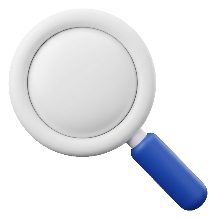 Matte 3D render, blue and white color scheme of a magnifying glass search icon, transparent background PNG