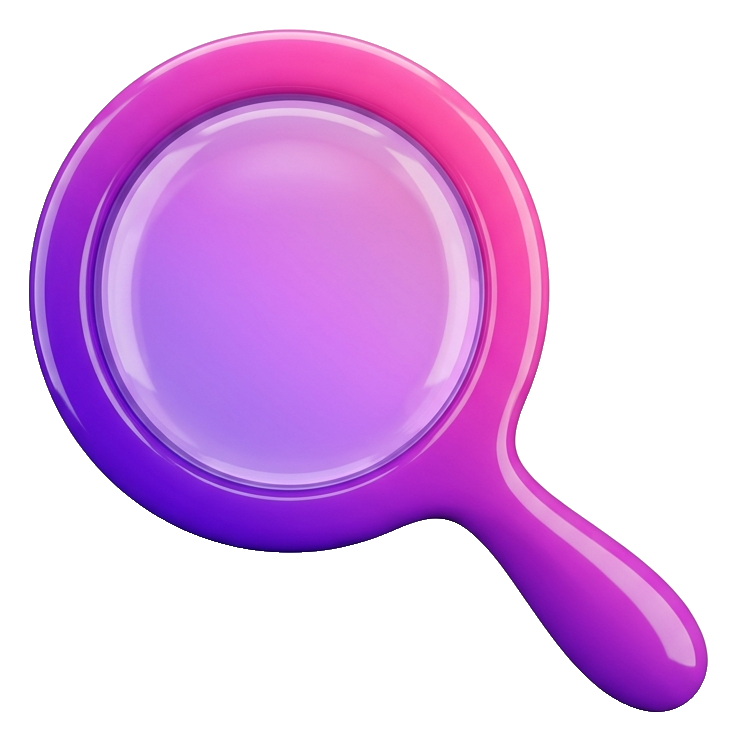 Glossy 3D render, purple and pink gradient of a magnifying glass search icon, transparent background PNG