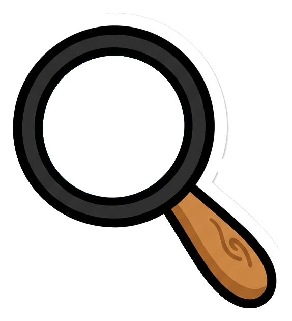 Cute sticker style with a thick dark outline of a magnifying glass search icon, transparent background PNG