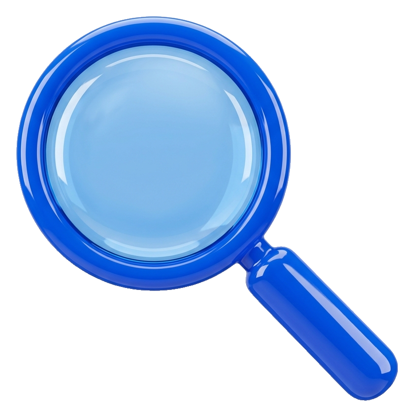 Glossy 3D render, vivid colors of a magnifying glass search icon, transparent background PNG