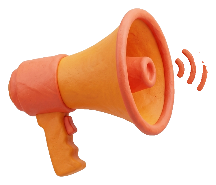 Clay 3D render, warm orange and coral tones of a megaphone announcement icon, transparent background PNG