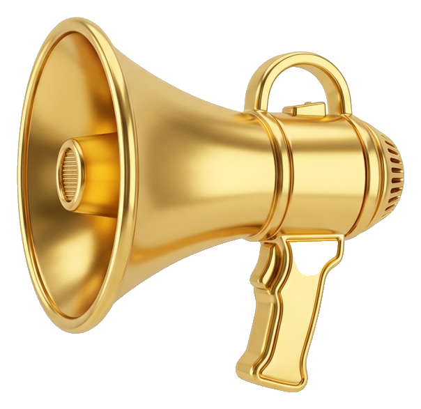 Shiny 3D render, gold metallic finish of a megaphone announcement icon, transparent background PNG