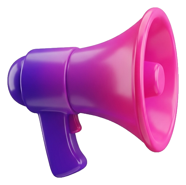 Glossy 3D render, purple and pink gradient of a megaphone announcement icon, transparent background PNG