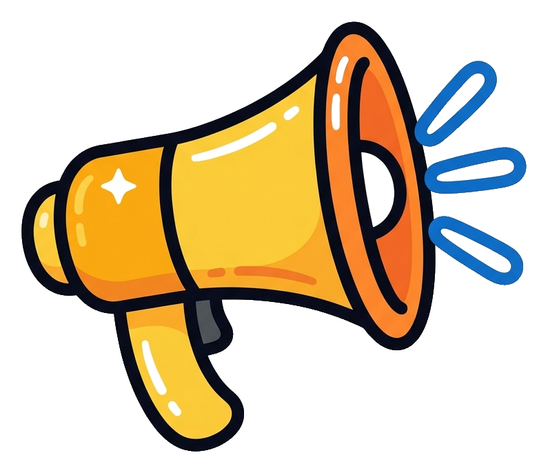 Cute sticker style with a thick dark outline of a megaphone announcement icon, transparent background PNG