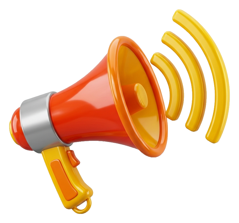 Glossy 3D render, vivid colors of a megaphone announcement icon, transparent background PNG