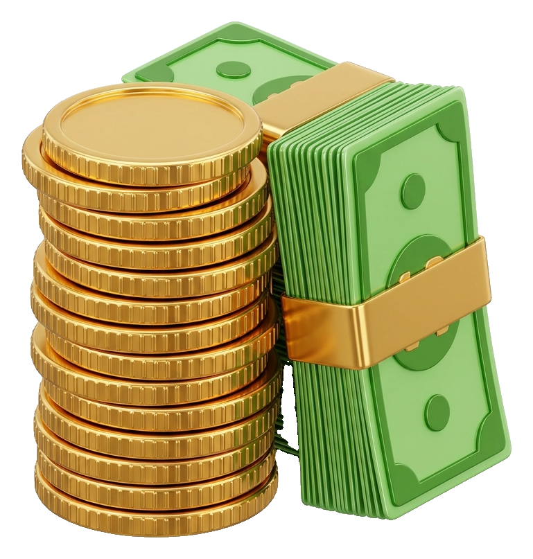금화 더미와 초록 지폐 뭉치, 금속 광택 3D, 금색, 투명 배경(누끼) PNG