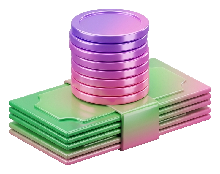 Glossy 3D render, purple and pink gradient of a stack of gold coins and green banknotes, transparent background PNG